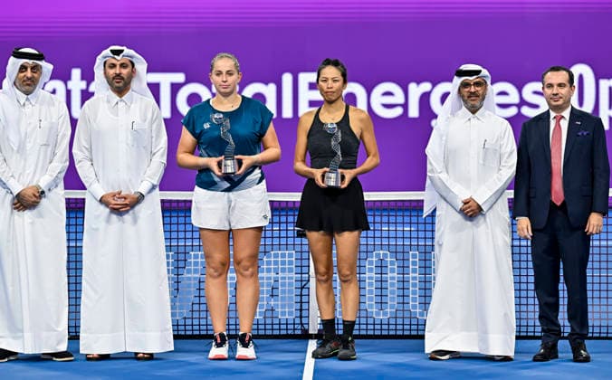 2026 Qatar TotalEnergies Open - Women s Doubles Final match in Doha, Qatar - 14 Feb 2026 Runners-up Su-Wei Hsieh (3rd R) of Chinese Taipei and Jelena Ostapenko (3rd L) of Latvia pose with their runners-up trophies after their women’s doubles final match against Anna Danilina of Kazakhstan and Aleksandra Krunic of Serbia at the WTA, Tennis Damen tournament at the Khalifa International Tennis Complex. Anna Danilina Aleksandra Krunic won against Su-Wei Hsieh Jelena Ostapenko 0-6,6-4,10-8. Doha Qatar Copyright: xNoushadxVariyattiyakkalx xSOPAxImagesx NVRITYAKAL1-011