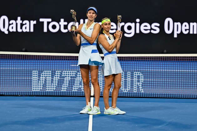 2026 Qatar TotalEnergies Open - Women s Doubles Final match in Doha, Qatar - 14 Feb 2026 Anna Danilina of Kazakhstan and Aleksandra Krunic of Serbia pose with their trophies after winning their Women s Doubles Final match against Su-Wei Hsieh of Chinese Taipei and Jelena Ostapenko of Latvia during the WTA, Tennis Damen Qatar TotalEnergies Open 2026 tennis tournament at the Khalifa International Tennis Complex. Anna Danilina Aleksandra Krunic won against Su-Wei Hsieh Jelena Ostapenko 0-6,6-4,10-8. Doha Qatar Copyright: xNoushadxVariyattiyakkalx xSOPAxImagesx NVRITYAKAL1-016