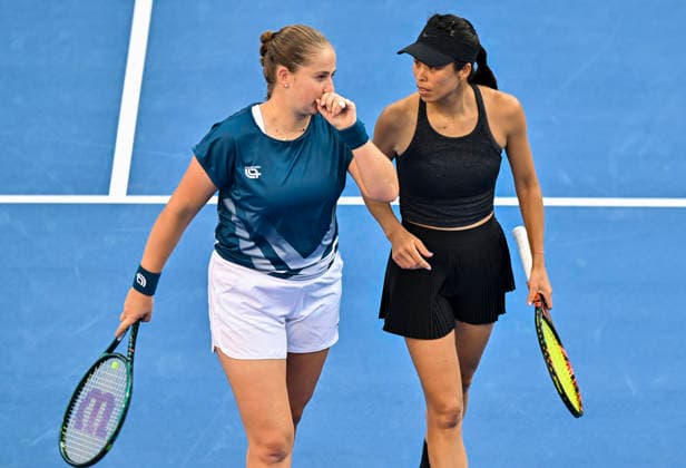 February 14, 2026, Doha, Qatar: Su-Wei Hsieh (R) of Chinese Taipei and Jelena Ostapenko (L) of Latvia celebrate a point against Anna Danilina of Kazakhstan and Aleksandra Krunic of Serbia (not in view) during their women™s doubles final match at the WTA, Tennis Damen Qatar TotalEnergies Open 2026 tennis tournament at the Khalifa International Tennis Complex. Anna Danilina Aleksandra Krunic won against Su-Wei Hsieh Jelena Ostapenko 0-6,6-4,10-8. 2026 Qatar TotalEnergies Open - Women s Doubles Final Match In Doha, Qatar - 14 Feb 2026  - ZUMAs197 20260214_aaa_s197_236 Copyright: xNoushadxVariyattiyakkalx