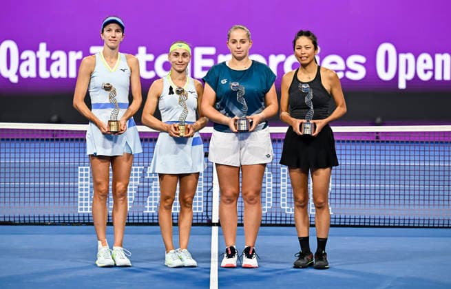 February 14, 2026, Doha, Qatar: Winners Anna Danilina (L) of Kazakhstan, Aleksandra Krunic (2nd L) of Serbia, Su-Wei Hsieh (R) of Chinese Taipei and Jelena Ostapenko (2nd R) of Latvia pose after the women™s doubles final match at the WTA, Tennis Damen Qatar TotalEnergies Open 2026 tennis tournament at the Khalifa International Tennis Complex. Anna Danilina Aleksandra Krunic won against Su-Wei Hsieh Jelena Ostapenko 0-6,6-4,10-8. 2026 Qatar TotalEnergies Open - Women s Doubles Final Match In Doha, Qatar - 14 Feb 2026  - ZUMAs197 20260214_aaa_s197_237 Copyright: xNoushadxVariyattiyakkalx