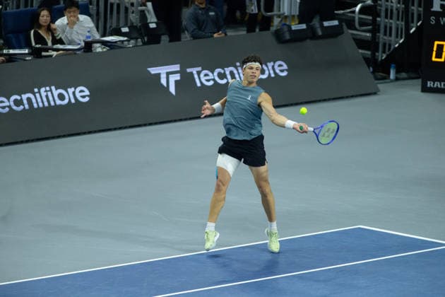 February 14, 2026, Frisco, Texas, USA: BEN SHELTON (USA) uses a forehand during a menÃ¢â‚¬â ¢s singles semifinal match at the 2026 Nexo Dallas Open at The Ford Center at The Star in Frisco, Texas. Ben Shelton advances to the championship match after defeating Denis Shapovalov, 4:6, 6:4, 7:6. Frisco USA - ZUMAh193 20260214_zsp_h193_107 Copyright: xDanielxMcGregor-Huyerx