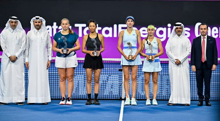 February 14, 2026, Doha, Qatar: Winners Anna Danilina of Kazakhstan and Aleksandra Krunic of Serbia, Runners-up, Su-Wei Hsieh of Chinese Taipei and Jelena Ostapenko of Latvia pose after the women™s doubles final match at the WTA, Tennis Damen Qatar TotalEnergies Open 2026 tennis tournament at the Khalifa International Tennis Complex..?? Anna Danilina Aleksandra Krunic won against Su-Wei Hsieh Jelena Ostapenko 0-6,6-4,10-8. 2026 Qatar TotalEnergies Open - Women s Doubles Final Match In Doha, Qatar - 14 Feb 2026  - ZUMAs197 20260214_aaa_s197_243 Copyright: xNoushadxVariyattiyakkalx