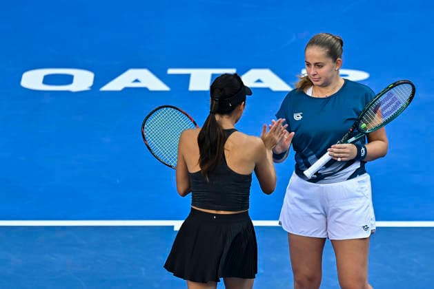 February 14, 2026, Doha, Qatar: Su-Wei Hsieh (L) of Chinese Taipei and Jelena Ostapenko (R) of Latvia celebrate a point against Anna Danilina of Kazakhstan and Aleksandra Krunic of Serbia (not in view) during their women™s doubles final match at the WTA, Tennis Damen Qatar TotalEnergies Open 2026 tennis tournament at the Khalifa International Tennis Complex. Anna Danilina Aleksandra Krunic won against Su-Wei Hsieh Jelena Ostapenko 0-6,6-4,10-8. 2026 Qatar TotalEnergies Open - Women s Doubles Final Match In Doha, Qatar - 14 Feb 2026  - ZUMAs197 20260214_aaa_s197_244 Copyright: xNoushadxVariyattiyakkalx