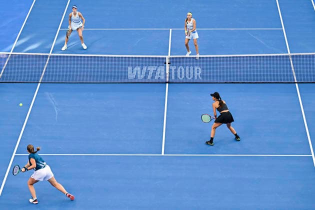 February 14, 2026, Doha, Qatar: Anna Danilina of Kazakhstan, Aleksandra Krunic of Serbia play against Su-Wei Hsieh of Chinese Taipei and Jelena Ostapenko of Latvia during their women™s doubles final match at the WTA, Tennis Damen Qatar TotalEnergies Open 2026 tennis tournament at the Khalifa International Tennis Complex. Anna Danilina Aleksandra Krunic won against Su-Wei Hsieh Jelena Ostapenko 0-6,6-4,10-8. 2026 Qatar TotalEnergies Open - Women s Doubles Final Match In Doha, Qatar - 14 Feb 2026  - ZUMAs197 20260214_aaa_s197_251 Copyright: xNoushadxVariyattiyakkalx