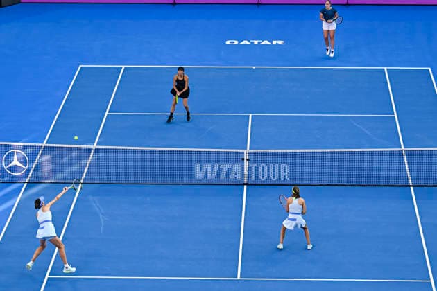 February 14, 2026, Doha, Qatar: Anna Danilina of Kazakhstan, Aleksandra Krunic of Serbia play against Su-Wei Hsieh of Chinese Taipei and Jelena Ostapenko of Latvia during their women™s doubles final match at the WTA, Tennis Damen Qatar TotalEnergies Open 2026 tennis tournament at the Khalifa International Tennis Complex. Anna Danilina Aleksandra Krunic won against Su-Wei Hsieh Jelena Ostapenko 0-6,6-4,10-8. Doha Qatar - ZUMAs197 20260214_aaa_s197_239 Copyright: xNoushadxVariyattiyakkalx