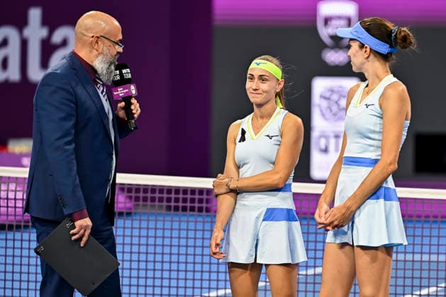 February 14, 2026, Doha, Qatar: Anna Danilina (R) of Kazakhstan and Aleksandra Krunic (C) of Serbia celebrate after winning against Su-Wei Hsieh of Chinese Taipei and Jelena Ostapenko of Latvia during their women™s doubles final match at the WTA, Tennis Damen Qatar TotalEnergies Open 2026 tennis tournament at the Khalifa International Tennis Complex. Anna Danilina Aleksandra Krunic won against Su-Wei Hsieh Jelena Ostapenko 0-6,6-4,10-8. Doha Qatar - ZUMAs197 20260214_aaa_s197_248 Copyright: xNoushadxVariyattiyakkalx