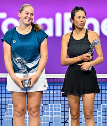 February 14, 2026, Doha, Qatar: Runners-up Su-Wei Hsieh (R) of Chinese Taipei and Jelena Ostapenko ( L) of Latvia pose with their runners-up trophies after their women™s doubles final match against Anna Danilina of Kazakhstan and Aleksandra Krunic of Serbia at the WTA, Tennis Damen tournament at the Khalifa International Tennis Complex. Anna Danilina Aleksandra Krunic won against Su-Wei Hsieh Jelena Ostapenko 0-6,6-4,10-8. Doha Qatar - ZUMAs197 20260214_aaa_s197_252 Copyright: xNoushadxVariyattiyakkalx