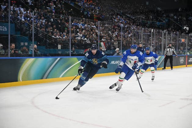 February 14, 2026, Milano, Lombardia, Italy: Rasmus Ristolainen (FIN),Dylan Di Perna (ITA) during the Winter Olympic Games, Olympische Spiele, Olympia, OS Milano Cortina 2026, at the Milano Santagiulia IHO Arena, on February 14, 2026 in Milano, Italy Milano Italy - ZUMAm345 20260214_oly_m345_027 Copyright: xFedericoxManonix