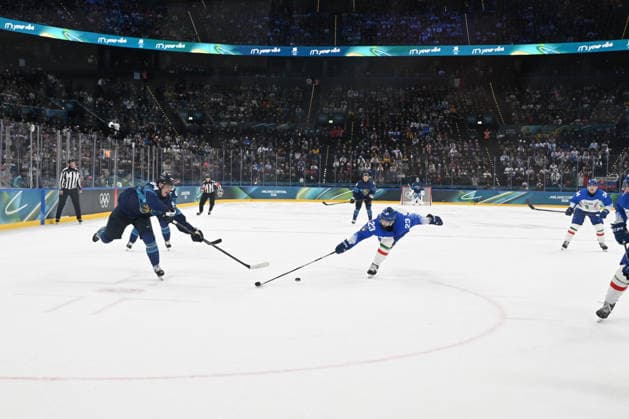 February 14, 2026, Milano, Lombardia, Italy: Kaapo Kakko (FIN),Giovanni Morini (ITA) during the Winter Olympic Games, Olympische Spiele, Olympia, OS Milano Cortina 2026, at the Milano Santagiulia IHO Arena, on February 14, 2026 in Milano, Italy Milano Italy - ZUMAm345 20260214_oly_m345_031 Copyright: xFedericoxManonix