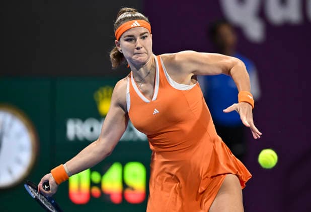 WTA, Tennis Damen QATAR OPEN 2026-SINGLES FINAL Karolina Muchova of the Czech Republic competes in her women s singles final match against Victoria Mboko of Canada during the WTA Qatar TotalEnergies Open 2026 tennis tournament at the Khalifa International Tennis Complex in Doha, Qatar, on February 14, 2026. ¨ DOHA Qatar Copyright: xNOUSHADx