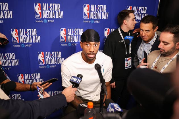 NBA, Basketball Herren, USA All Star 2026 Saturday LOS ANGELES, CA - FEB 14: Kawhi Leonard of USA Stripes Team of 2026 NBA All Star Game speaks to press during the Media Day event at Intuit Dome, Inglewood, Los Angeles, California, United States on February 14, 2026. Tayfun Coskun Anadolu Los Angeles United States. Editorial use only. Please get in touch for any other usage.  Copyright: x2026xAnadoluxTayfunxCoskunx