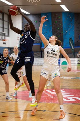 14.02.2026, xovx, Basketball Frauen 2. Bundesliga Nord, Bender Baskets Grünberg - Astro Ladies Bochum v.l. Laura Knaup (VfL VIACTIV-AstroLadies Bochum), Luisa Popp (Bender Baskets Grünberg), Faith Dut (VfL VIACTIV-AstroLadies Bochum), Hanna Adaszewska (Bender Baskets Grünberg) Grünberg Sporthalle Theo-Koch-Schule Hessen Deutschland (DE)