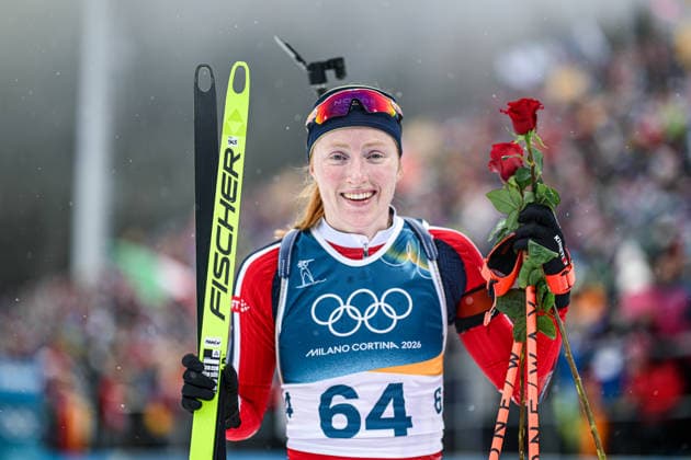 260214 -- ANTERSELVA, Feb. 14, 2026 -- Maren Kirkeeide of Norway celebrates after the biathlon women s 7.5km sprint event at the Milan-Cortina 2026 Olympic Winter games, Winterspiele,Spiele, Summer games in Anterselva, Italy, Feb. 14, 2026. MICO2026ITALY-ANTERSELVA-OLYMPIC WINTER GAMES-BIATHLON-WOMEN S 7.5KM SPRINT JiangxHan  (MICO2026)ITALY-ANTERSELVA-OLYMPIC WINTER GAMES-BIATHLON-WOMEN S 7.5KM SPRINT IMAGO JiangxHan  imago images 0847601790