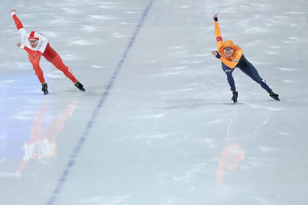 (260215) -- MILAN, Feb. 15, 2026 -- Piotr Michalski (L) of Poland and Joep Wennemars of the Netherlands compete during the Speed skating, Eisschnelllauf men s 500m final at the Milan-Cortina 2026 Olympic Winter games, Winterspiele,Spiele, Summer games in Milan, Italy, Feb. 14, 2026. ) (MICO2026)ITALY-MILAN-OLYMPIC WINTER GAMES-SPEED SKATING-MEN S 500M LixJing 