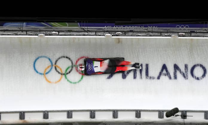 (260215) -- CORTINA D AMPEZZO, Feb. 15, 2026 -- Janine Flock of Austria competes during the skeleton women s heat at the Milan-Cortina 2026 Olympic Winter games, Winterspiele,Spiele, Summer games in Cortina, Italy, Feb. 14, 2026. ) (MICO2026)ITALY-CORTINA D AMPEZZO-OLYMPIC WINTER GAMES-SKELETON-WOMEN LixGang 