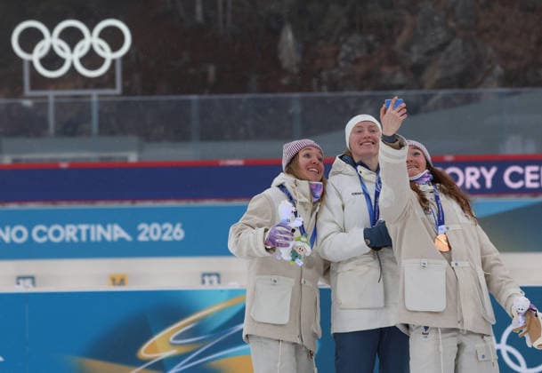 Winter Olympics - France Wins Silver And Bronze At Women s Biathlon 7,5km Sprint Oceane MICHELON (FRA), Maren KIRKEEIDE (NOR), Lou JEANMONNOT (FRA), during Biathlon Women s 7.5km Sprint, during Olympic Games, Olympische Spiele, Olympia, OS Milan Cortina 2026, Anterselva, Italy, February 14, 2026. Photo by Felice Calabro IPA ABACAPRESS.COM Cortina d Ampezzo Bolzano Italy  Copyright: xIPA ABACAx