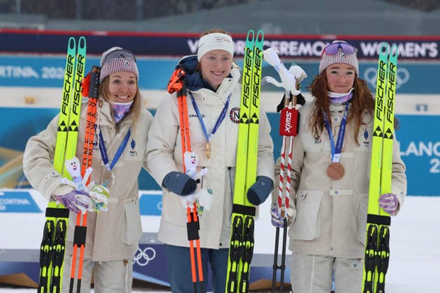 Winter Olympics - France Wins Silver And Bronze At Women s Biathlon 7,5km Sprint Oceane MICHELON (FRA), Maren KIRKEEIDE (NOR), Lou JEANMONNOT (FRA), during Biathlon Women s 7.5km Sprint, during Olympic Games, Olympische Spiele, Olympia, OS Milan Cortina 2026, Anterselva, Italy, February 14, 2026. Photo by Felice Calabro IPA ABACAPRESS.COM Cortina d Ampezzo Bolzano Italy  Copyright: xIPA ABACAx
