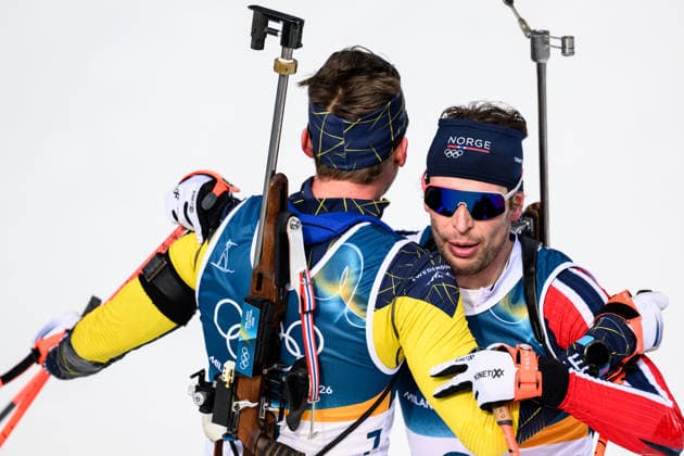 260215 Martin Ponsiluoma of Sweden and Sturla Holm Laegreid of Norway after men s biathlon 12,5 km pursuit during day 9 of the 2026 Winter Olympics on February 15, 2026 in Anterselva. Photo: Jon Olav Nesvold BILDBYRAN COP 217 MB1329 skidskytte biathlon skiskyting Olympic Games, Olympische Spiele, Olympia, OS olympics winter olympics os ol olympiska spel vinter-os olympiske leker milano cortina 2026 milan cortina 2026 milano cortina 2026 olympic games milano cortina 2026 winter olympic games milano cortina-os milano cortina-ol vinter-ol 9 bbeng pursuit jaktstart *** 260215 Martin Ponsiluoma of Sweden and Sturla Holm Laegreid of Norway after men s biathlon 12,5 km pursuit during day 9 of the 2026 Winter Olympics on February 15, 2026 in Anterselva Photo Jon Olav Nesvold BILDBYRAN COP 217 MB1329 biathlon biathlon biathlon olympic games olympics winter olympics os ol olympiska spel vinter os olympiske leker milano cortina 2026 milan cortina 2026 milan cortina 2026 olympic games milano cortina 2026 winter olympic games milano cortina os milano cortina ol winter ol 9 bbeng pursuit jaktstart  Copyright: JONxOLAVxNESVOLD BB260215JE036