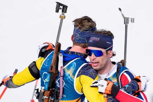 Winter Olympics in Milan Cortina 2026 Anterselva, Italy 20260215. Sturla Holm Laegreid from Norway and Martin Ponsiluoma from Sweden during the 12.5 km pursuit start in biathlon at the Winter Olympics in Milano Cortina 2026. Photo: Heiko Junge NTB Anterselva Italy EDITORIAL USE ONLY. RESTRICTED USE FOR BETTING COMPANIES Ref:_SPOVqjE-u-KF3c.jpg *** Winter Olympics in Milan Cortina 2026 Anterselva, Italy 20260215 Sturla Holm Laegreid from Norway and Martin Ponsiluoma from Sweden during the 12 5 km pursuit start in biathlon at the Winter Olympics in Milano Cortina 2026 Photo Heiko Junge NTB Anterselva Italy EDITORIAL USE ONLY RESTRICTED USE FOR BETTING COMPANIES  Copyright: xHeikoxJungex xNTBx