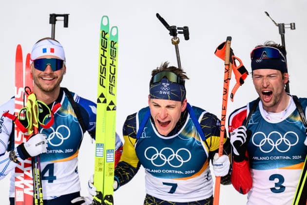260215 Bronze medalist Emilien Jacquelin of France, gold medalist Martin Ponsiluoma of Sweden and silver medalist Sturla Holm Laegreid of Norway celebrate in men s biathlon 12,5 km pursuit during day 9 of the 2026 Winter Olympics on February 15, 2026 in Anterselva. Photo: Jon Olav Nesvold BILDBYRAN COP 217 MB1329 skidskytte biathlon skiskyting Olympic Games, Olympische Spiele, Olympia, OS olympics winter olympics os ol olympiska spel vinter-os olympiske leker milano cortina 2026 milan cortina 2026 milano cortina 2026 olympic games milano cortina 2026 winter olympic games milano cortina-os milano cortina-ol vinter-ol 9 bbeng pursuit jaktstart jubel *** 260215 Bronze medalist Emilien Jacquelin of France, gold medalist Martin Ponsiluoma of Sweden and silver medalist Sturla Holm Laegreid of Norway celebrate in men s biathlon 12,5 km pursuit during day 9 of the 2026 Winter Olympics on February 15, 2026 in Anterselva Photo Jon Olav Nesvold BILDBYRAN COP 217 MB1329 biathlon biathlon olympic games olympics winter olympics os ol olympic games winter os olympic games milano cortina 2026 milan cortina 2026 milan cortina 2026 milan cortina 2026 olympic games milano cortina 2026 winter olympic games milano cortina os milano cortina ol winter ol 9 bbeng pursuit chase start cheering  Copyright: JONxOLAVxNESVOLD BB260215JE040