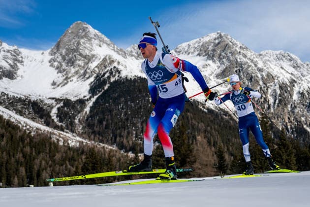 XXV Winter Olympic Games, Olympische Spiele, Olympia, OS in Anterselva, Italy, on February 15, 2026. Biathlon Men s 12.5km Pursuit. From left: Mikulas Karlik from Czech Republic and Otto Invenius from Finland. (CTKxPhoto OndrejxDeml) CTKPhotoP2026021502595  CTKPhotoP2026021502595