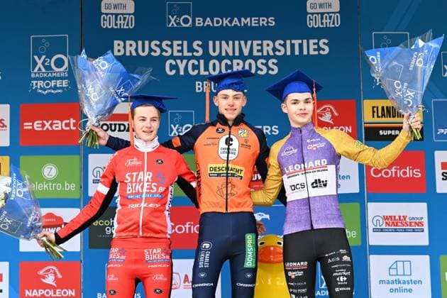 Belgian Lars Corsus, Belgian Giel Lejeune and Belgian Len Geerts pictured on the podium after the men junior race of the Brussels Universities cyclocross cycling event, stage 8 8 in the X20 Badkamers Trofee competition, Sunday 15 February 2026 in Brussels, Belgium. MAARTENxSTRAETEMANS  x163570269x