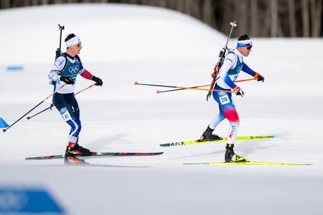XXV Winter Olympic Games, Olympische Spiele, Olympia, OS in Anterselva, Italy, on February 15, 2026. Biathlon Men s 12.5km Pursuit. From left: Fabien Claude from France and Michal Krcmar from Czech Republic. (CTKxPhoto OndrejxDeml) CTKPhotoP2026021502724  CTKPhotoP2026021502724