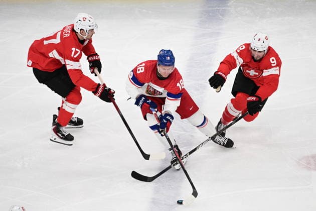 XXV Winter Olympic Games, Olympische Spiele, Olympia, OS in Milan, Italy, on February 15, 2026. Men s Ice hockey, Eishockey Group A, Switzerland vs Czech Republic. From left: Ken Jager (SUI), Ondrej Palat (CZE) and Damiaen Riat (SUI). (CTKxPhoto MichalxKamaryt) CTKPhotoP2026021502727  CTKPhotoP2026021502727