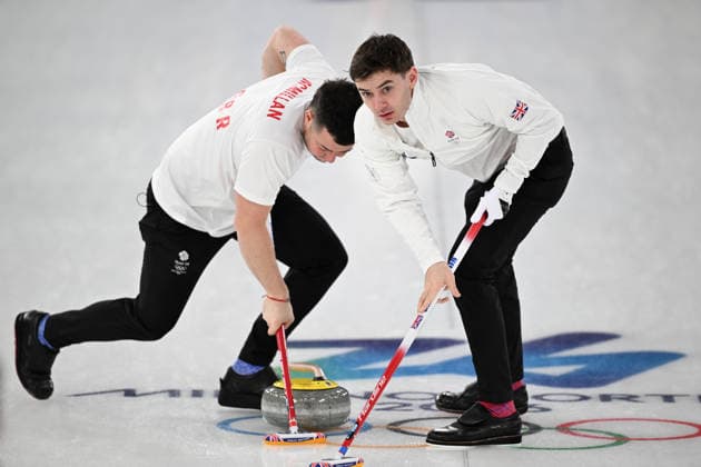 (260215) -- CORTINA D AMPEZZO, Feb. 15, 2026 -- Hammy McMillan (L) and Grant Hardie of Britain compete during the curling men round robin session 6 match between Germany and Britain at the 2026 Milan-Cortina Winter Olympics in Cortina, Italy, Feb. 15, 2026. ) (MICO2026)ITALY-CORTINA D AMPEZZO-OLYMPIC Winter games, Winterspiele,Spiele, Summer games CURLING-MEN-ROUND ROBIN-GER VS GBR LianxYi 