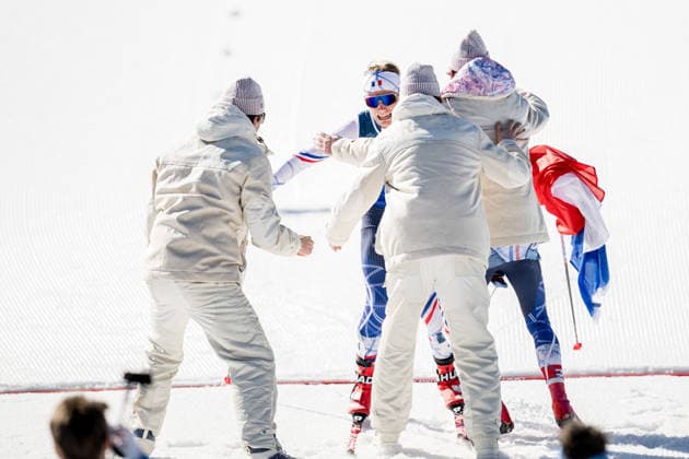 260215 Theo Schely, Hugo Lapalus, Mathis Desloges, Victor Lovera and Victor Lovera of France celebrate after competing in the men s 4 x 7.5km relay cross-country skiing race during day 9 of the 2026 Winter Olympics on February 15, 2026 in Val di Fiemme. Photo: Maxim Thore BILDBYRAN kod MT MT0983 skidor cross-country skiing langrenn Olympic Games, Olympische Spiele, Olympia, OS olympics winter olympics os ol olympiska spel vinter-os olympiske leker milano cortina 2026 milan cortina 2026 milano cortina 2026 olympic games milano cortina 2026 winter olympic games milano cortina-os milano cortina-ol vinter-ol 9 bbeng herr stafett jubel frankrike *** 260215 Theo Schely, Hugo Lapalus, Mathis Desloges, Victor Lovera and Victor Lovera of France celebrate after competing in the men s 4 x 7 5km relay cross country skiing race during day 9 of the 2026 Winter Olympics on February 15, 2026 in Val di Fiemme Photo Maxim Thore BILDBYRAN code MT MT0983 skiing cross country skiing cross country olympic games olympics winter olympics os ol olympic games winter os olympic games milano cortina 2026 milan cortina 2026 milano cortina 2026 olympic games milano cortina 2026 winter olympic games milano cortina os milano cortina ol winter ol 9 bbeng mens relay cheer france  Copyright: MAXIMxTHORE BB260215MT066