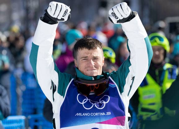 OLYMPICS - Winter Olympic Games, Olympische Spiele, Olympia, OS Milano Cortina 2026 LIVIGNO,ITALY,15.FEB.26 - OLYMPICS, FREE SKI, FREESTYLE SKIING - Winter Olympic Games Milano Cortina 2026, dual moguls, men, final. Image shows the rejoicing of Matt Graham (AUS).  GEPAxpictures xWolfgangxGrebien
