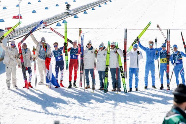 OLYMPICS - Winter Olympic Games, Olympische Spiele, Olympia, OS Milano Cortina 2026 TESERO,ITALY,15.FEB.26 - OLYMPICS, NORDIC SKIING, CROSS COUNTRY SKIING - Winter Olympic Games Milano Cortina 2026, 4X7.5km relay, men. Image shows Theo Schely, Hugo Lapalus, Mathiss Desloges, Victor Lovera (FRA), Johannes Hoesflot Klaebo, Emil Iversen, Marin Loewstroem Nyenget, Einar Hedegart (NOR), Davide Graz, Elia Barp, Martino Carolllo and Federico Pellegrino (ITA).  GEPAxpictures xMatthiasxTrinkl