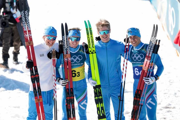 OLYMPICS - Winter Olympic Games, Olympische Spiele, Olympia, OS Milano Cortina 2026 TESERO,ITALY,15.FEB.26 - OLYMPICS, NORDIC SKIING, CROSS COUNTRY SKIING - Winter Olympic Games Milano Cortina 2026, 4X7.5km relay, men. Image shows the rejoicing of Davide Graz, Elia Barp, Martino Carolllo and Federico Pellegrino (ITA).  GEPAxpictures xMatthiasxTrinkl