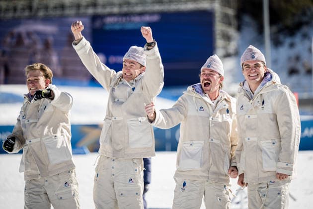 260215 Theo Schely, Hugo Lapalus, Mathis Desloges, Victor Lovera and Victor Lovera of France celebrate on the podium after the men s 4 x 7.5km relay cross-country skiing race during day 9 of the 2026 Winter Olympics on February 15, 2026 in Val di Fiemme. Photo: Maxim Thore BILDBYRAN kod MT MT0983 skidor cross-country skiing langrenn Olympic Games, Olympische Spiele, Olympia, OS olympics winter olympics os ol olympiska spel vinter-os olympiske leker milano cortina 2026 milan cortina 2026 milano cortina 2026 olympic games milano cortina 2026 winter olympic games milano cortina-os milano cortina-ol vinter-ol 9 bbeng herr stafett jubel frankrike *** 260215 Theo Schely, Hugo Lapalus, Mathis Desloges, Victor Lovera and Victor Lovera of France celebrate on the podium after the men s 4 x 7 5km relay cross country skiing race during day 9 of the 2026 Winter Olympics on February 15, 2026 in Val di Fiemme Photo Maxim Thore BILDBYRAN code MT MT0983 skiing cross country skiing cross country olympic games olympics winter olympics os ol olympic games winter os olympic games milano cortina 2026 milan cortina 2026 milano cortina 2026 olympic games milano cortina 2026 winter olympic games milano cortina os milano cortina ol winter ol 9 bbeng mens relay cheer france  Copyright: MAXIMxTHORE BB260215MT080