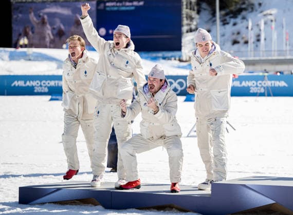 260215 Theo Schely, Hugo Lapalus, Mathis Desloges, Victor Lovera and Victor Lovera of France celebrate on the podium after the men s 4 x 7.5km relay cross-country skiing race during day 9 of the 2026 Winter Olympics on February 15, 2026 in Val di Fiemme. Photo: Maxim Thore BILDBYRAN kod MT MT0983 skidor cross-country skiing langrenn Olympic Games, Olympische Spiele, Olympia, OS olympics winter olympics os ol olympiska spel vinter-os olympiske leker milano cortina 2026 milan cortina 2026 milano cortina 2026 olympic games milano cortina 2026 winter olympic games milano cortina-os milano cortina-ol vinter-ol 9 bbeng herr stafett jubel frankrike *** 260215 Theo Schely, Hugo Lapalus, Mathis Desloges, Victor Lovera and Victor Lovera of France celebrate on the podium after the men s 4 x 7 5km relay cross country skiing race during day 9 of the 2026 Winter Olympics on February 15, 2026 in Val di Fiemme Photo Maxim Thore BILDBYRAN code MT MT0983 skiing cross country skiing cross country olympic games olympics winter olympics os ol olympic games winter os olympic games milano cortina 2026 milan cortina 2026 milano cortina 2026 olympic games milano cortina 2026 winter olympic games milano cortina os milano cortina ol winter ol 9 bbeng mens relay cheer france  Copyright: MAXIMxTHORE BB260215MT081