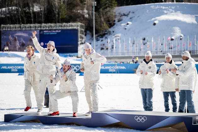 260215 Theo Schely, Hugo Lapalus, Mathis Desloges, Victor Lovera and Victor Lovera of France celebrate on the podium after the men s 4 x 7.5km relay cross-country skiing race during day 9 of the 2026 Winter Olympics on February 15, 2026 in Val di Fiemme. Photo: Maxim Thore BILDBYRAN kod MT MT0983 skidor cross-country skiing langrenn Olympic Games, Olympische Spiele, Olympia, OS olympics winter olympics os ol olympiska spel vinter-os olympiske leker milano cortina 2026 milan cortina 2026 milano cortina 2026 olympic games milano cortina 2026 winter olympic games milano cortina-os milano cortina-ol vinter-ol 9 bbeng herr stafett jubel frankrike *** 260215 Theo Schely, Hugo Lapalus, Mathis Desloges, Victor Lovera and Victor Lovera of France celebrate on the podium after the men s 4 x 7 5km relay cross country skiing race during day 9 of the 2026 Winter Olympics on February 15, 2026 in Val di Fiemme Photo Maxim Thore BILDBYRAN code MT MT0983 skiing cross country skiing cross country olympic games olympics winter olympics os ol olympic games winter os olympic games milano cortina 2026 milan cortina 2026 milano cortina 2026 olympic games milano cortina 2026 winter olympic games milano cortina os milano cortina ol winter ol 9 bbeng mens relay cheer france  Copyright: MAXIMxTHORE BB260215MT082