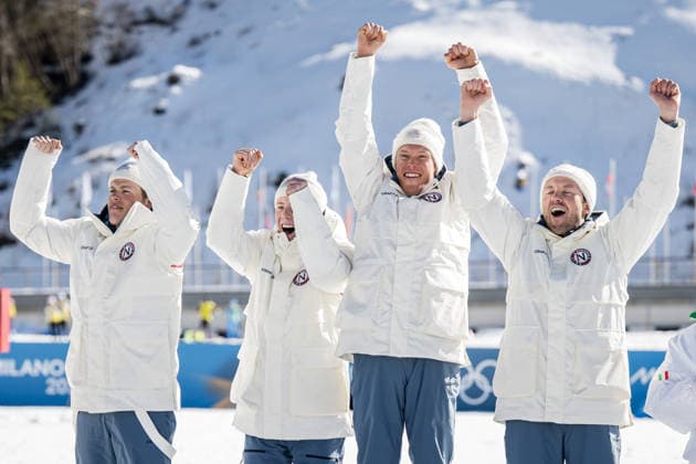 260215 Emil Iversen, Martin Lowstrom Nyenget, Einar Hedegart and Johannes Hosflot Klaebo of Norway celebrate on the podium after the men s 4 x 7.5km relay cross-country skiing race during day 9 of the 2026 Winter Olympics on February 15, 2026 in Val di Fiemme. Photo: Maxim Thore BILDBYRAN kod MT MT0983 skidor cross-country skiing langrenn Olympic Games, Olympische Spiele, Olympia, OS olympics winter olympics os ol olympiska spel vinter-os olympiske leker milano cortina 2026 milan cortina 2026 milano cortina 2026 olympic games milano cortina 2026 winter olympic games milano cortina-os milano cortina-ol vinter-ol 9 bbeng herr stafett jubel norge *** 260215 Emil Iversen, Martin Lowstrom Nyenget, Einar Hedegart and Johannes Hosflot Klaebo of Norway celebrate on the podium after the men s 4 x 7 5km relay cross country skiing race during day 9 of the 2026 Winter Olympics on February 15, 2026 in Val di Fiemme Photo Maxim Thore BILDBYRAN kod MT MT0983 skidor cross country skiing langrenn olympic games olympics winter olympics os ol olympiska spel vinter os olympiske leker milano cortina 2026 milan cortina 2026 milano cortina 2026 olympic games milano cortina 2026 winter olympic games milano cortina os milano cortina ol vinter ol 9 bbeng herr relay jubel norge  Copyright: MAXIMxTHORE BB260215MT083