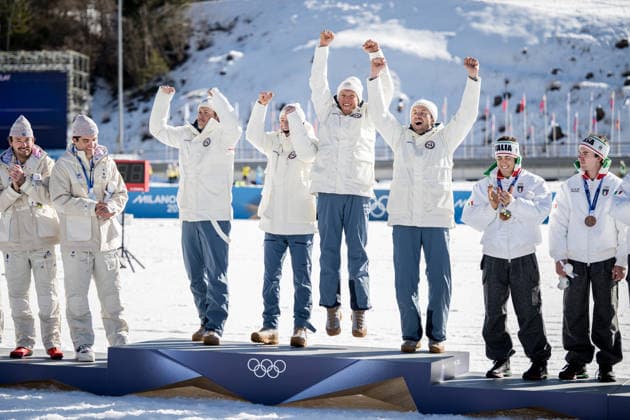 260215 Emil Iversen, Martin Lowstrom Nyenget, Einar Hedegart and Johannes Hosflot Klaebo of Norway celebrate on the podium after the men s 4 x 7.5km relay cross-country skiing race during day 9 of the 2026 Winter Olympics on February 15, 2026 in Val di Fiemme. Photo: Maxim Thore BILDBYRAN kod MT MT0983 skidor cross-country skiing langrenn Olympic Games, Olympische Spiele, Olympia, OS olympics winter olympics os ol olympiska spel vinter-os olympiske leker milano cortina 2026 milan cortina 2026 milano cortina 2026 olympic games milano cortina 2026 winter olympic games milano cortina-os milano cortina-ol vinter-ol 9 bbeng herr stafett jubel norge *** 260215 Emil Iversen, Martin Lowstrom Nyenget, Einar Hedegart and Johannes Hosflot Klaebo of Norway celebrate on the podium after the men s 4 x 7 5km relay cross country skiing race during day 9 of the 2026 Winter Olympics on February 15, 2026 in Val di Fiemme Photo Maxim Thore BILDBYRAN kod MT MT0983 skidor cross country skiing langrenn olympic games olympics winter olympics os ol olympiska spel vinter os olympiske leker milano cortina 2026 milan cortina 2026 milano cortina 2026 olympic games milano cortina 2026 winter olympic games milano cortina os milano cortina ol vinter ol 9 bbeng herr relay jubel norge  Copyright: MAXIMxTHORE BB260215MT084