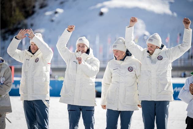 260215 Emil Iversen, Martin Lowstrom Nyenget, Einar Hedegart and Johannes Hosflot Klaebo of Norway celebrate on the podium after the men s 4 x 7.5km relay cross-country skiing race during day 9 of the 2026 Winter Olympics on February 15, 2026 in Val di Fiemme. Photo: Maxim Thore BILDBYRAN kod MT MT0983 skidor cross-country skiing langrenn Olympic Games, Olympische Spiele, Olympia, OS olympics winter olympics os ol olympiska spel vinter-os olympiske leker milano cortina 2026 milan cortina 2026 milano cortina 2026 olympic games milano cortina 2026 winter olympic games milano cortina-os milano cortina-ol vinter-ol 9 bbeng herr stafett jubel norge *** 260215 Emil Iversen, Martin Lowstrom Nyenget, Einar Hedegart and Johannes Hosflot Klaebo of Norway celebrate on the podium after the men s 4 x 7 5km relay cross country skiing race during day 9 of the 2026 Winter Olympics on February 15, 2026 in Val di Fiemme Photo Maxim Thore BILDBYRAN kod MT MT0983 skidor cross country skiing langrenn olympic games olympics winter olympics os ol olympiska spel vinter os olympiske leker milano cortina 2026 milan cortina 2026 milano cortina 2026 olympic games milano cortina 2026 winter olympic games milano cortina os milano cortina ol vinter ol 9 bbeng herr relay jubel norge  Copyright: MAXIMxTHORE BB260215MT085