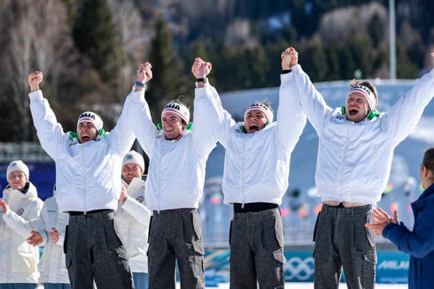 OLYMPICS - Winter Olympic Games, Olympische Spiele, Olympia, OS Milano Cortina 2026 TESERO,ITALY,15.FEB.26 - OLYMPICS, NORDIC SKIING, CROSS COUNTRY SKIING - Winter Olympic Games Milano Cortina 2026, 4X7.5km relay, men, medal ceremony. Image shows the rejoicing of Davide Graz, Elia Barp, Martino Carolllo and Federico Pellegrino (ITA).  GEPAxpictures xMatthiasxTrinkl