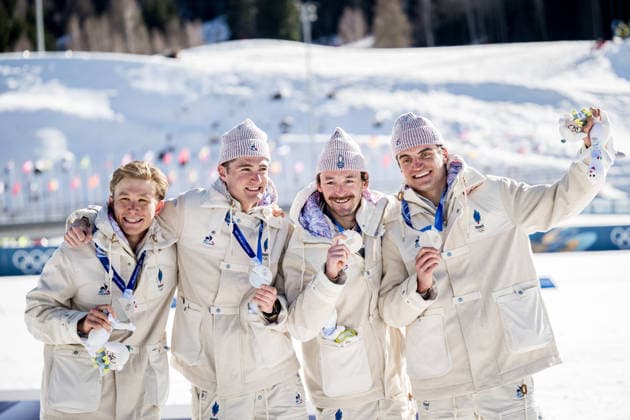 260215 Theo Schely, Hugo Lapalus, Mathis Desloges, Victor Lovera and Victor Lovera of France celebrate on the podium after the men s 4 x 7.5km relay cross-country skiing race during day 9 of the 2026 Winter Olympics on February 15, 2026 in Val di Fiemme. Photo: Maxim Thore BILDBYRAN kod MT MT0983 skidor cross-country skiing langrenn Olympic Games, Olympische Spiele, Olympia, OS olympics winter olympics os ol olympiska spel vinter-os olympiske leker milano cortina 2026 milan cortina 2026 milano cortina 2026 olympic games milano cortina 2026 winter olympic games milano cortina-os milano cortina-ol vinter-ol 9 bbeng herr stafett jubel frankrike *** 260215 Theo Schely, Hugo Lapalus, Mathis Desloges, Victor Lovera and Victor Lovera of France celebrate on the podium after the men s 4 x 7 5km relay cross country skiing race during day 9 of the 2026 Winter Olympics on February 15, 2026 in Val di Fiemme Photo Maxim Thore BILDBYRAN code MT MT0983 skiing cross country skiing cross country olympic games olympics winter olympics os ol olympic games winter os olympic games milano cortina 2026 milan cortina 2026 milano cortina 2026 olympic games milano cortina 2026 winter olympic games milano cortina os milano cortina ol winter ol 9 bbeng mens relay cheer france  Copyright: MAXIMxTHORE BB260215MT093