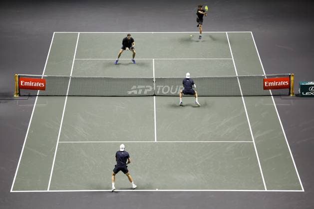 ROTTERDAM - Ray Ho (Taiwan) and Hendrik Jebens (Germany) compete against Simone Bolelli and Andrea Vavassori (Italy) during the doubles final on the final day of the ABN AMRO tennis tournament in Ahoy Rotterdam. BAS CZERWINSKI ANP xVIxANPxSportx xxANPxIVx 550782294 originalFilename: 550782294.jpg