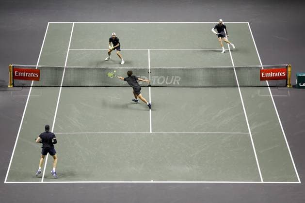 ROTTERDAM - Ray Ho (Taiwan) and Hendrik Jebens (Germany) compete against Simone Bolelli and Andrea Vavassori (Italy) during the doubles final on the final day of the ABN AMRO tennis tournament in Ahoy Rotterdam. BAS CZERWINSKI ANP xVIxANPxSportx xxANPxIVx 550782299 originalFilename: 550782299.jpg