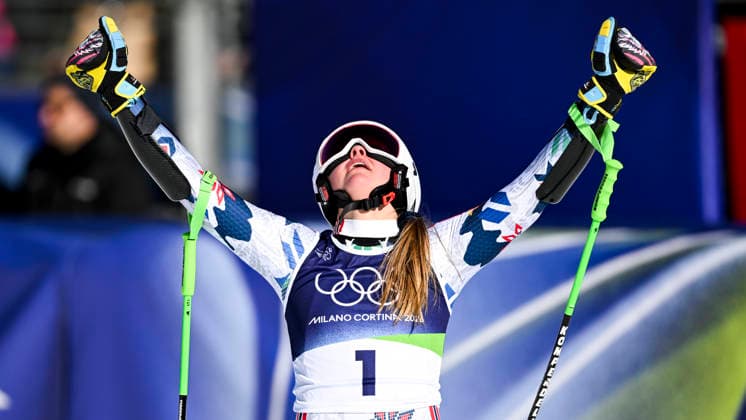 OLYMPICS - Winter Olympic Games, Olympische Spiele, Olympia, OS Milano Cortina 2026 CORTINA D AMPEZZO,ITALY,15.FEB.26 - OLYMPICS, ALPINE SKIING - Winter Olympic Games Milano Cortina 2026, giant slalom, women.. Image shows the rejoicing of Thea Louise Stjernesund (NOR).  GEPAxpictures xAlexanderxSolc