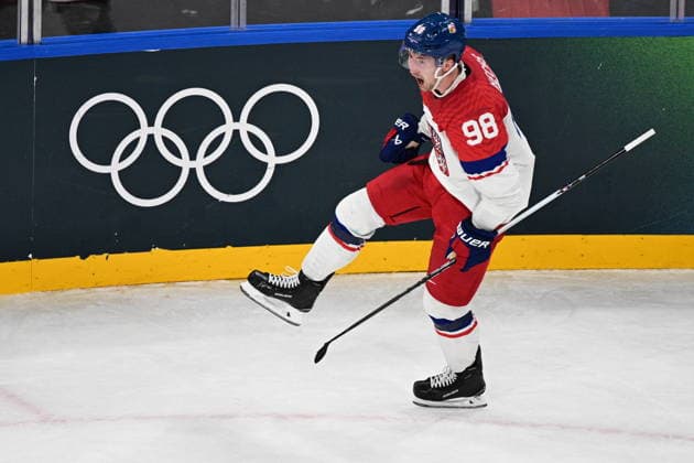 XXV Winter Olympic Games, Olympische Spiele, Olympia, OS in Milan, Italy, on February 15, 2026. Men s Ice hockey, Eishockey Group A, Switzerland vs Czech Republic. Martin Necas (CZE) celebrates his goal. (CTKxPhoto MichalxKamaryt) CTKPhotoP2026021504339  CTKPhotoP2026021504339