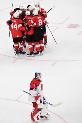 XXV Winter Olympic Games, Olympische Spiele, Olympia, OS in Milan, Italy, on February 15, 2026. Men s Ice hockey, Eishockey Group A, Switzerland vs Czech Republic. Swiss players celebrate victory. In foreground is seen goalkeeper Lukas Dostal (CZE). (CTKxPhoto MichalxKamaryt) CTKPhotoP2026021504403  CTKPhotoP2026021504403