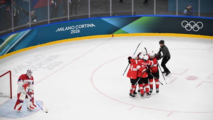 XXV Winter Olympic Games, Olympische Spiele, Olympia, OS in Milan, Italy, on February 15, 2026. Men s Ice hockey, Eishockey Group A, Switzerland vs Czech Republic. Swiss players celebrate victory. On the left is seen goalkeeper Lukas Dostal (CZE). (CTKxPhoto MichalxKamaryt) CTKPhotoP2026021504441  CTKPhotoP2026021504441