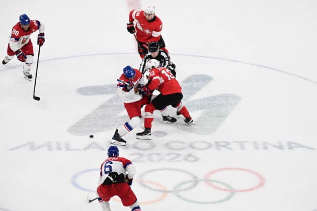 XXV Winter Olympic Games, Olympische Spiele, Olympia, OS in Milan, Italy, on February 15, 2026. Men s Ice hockey, Eishockey Group A, Switzerland vs Czech Republic. From left, David Kampf (CZE) and Nico Hischier (SUI) fight in the middle. Top left David Pastrnak (CZE), bottom Michal Kempny (CZE) and top middle Timo Meier (SUI). (CTKxPhoto MichalxKamaryt) CTKPhotoP2026021504563  CTKPhotoP2026021504563