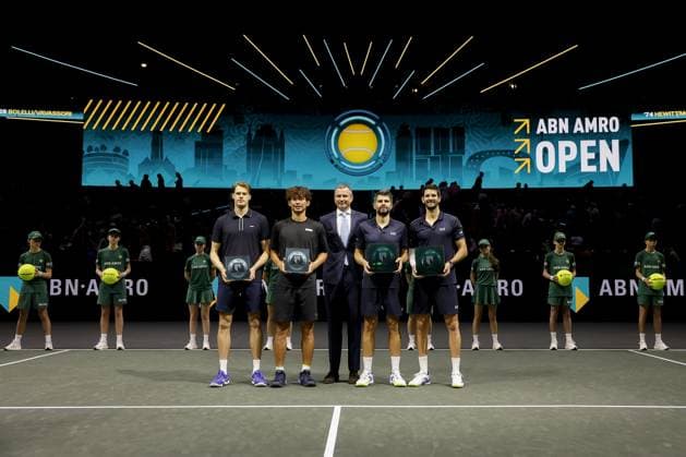 ROTTERDAM - Simone Bolelli and Andrea Vavassori (Italy) celebrate their victory against Ray Ho (Taiwan) and Hendrik Jebens (Germany) during the doubles final on the final day of the ABN AMRO tennis tournament in Ahoy Rotterdam. BAS CZERWINSKI ANP xVIxANPxSportx xxANPxIVx 550787770 originalFilename: 550787770.jpg