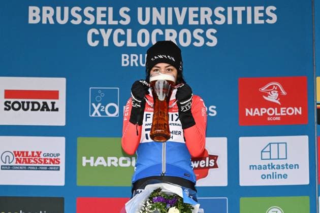 Dutch Ceylin Del Carmen Alvarado celebrate on the podium after winning the women elite race of the Brussels Universities cyclocross cycling event, stage 8 8 in the X20 Badkamers Trofee competition, Sunday 15 February 2026 in Brussels, Belgium. MAARTENxSTRAETEMANS  x163600404x